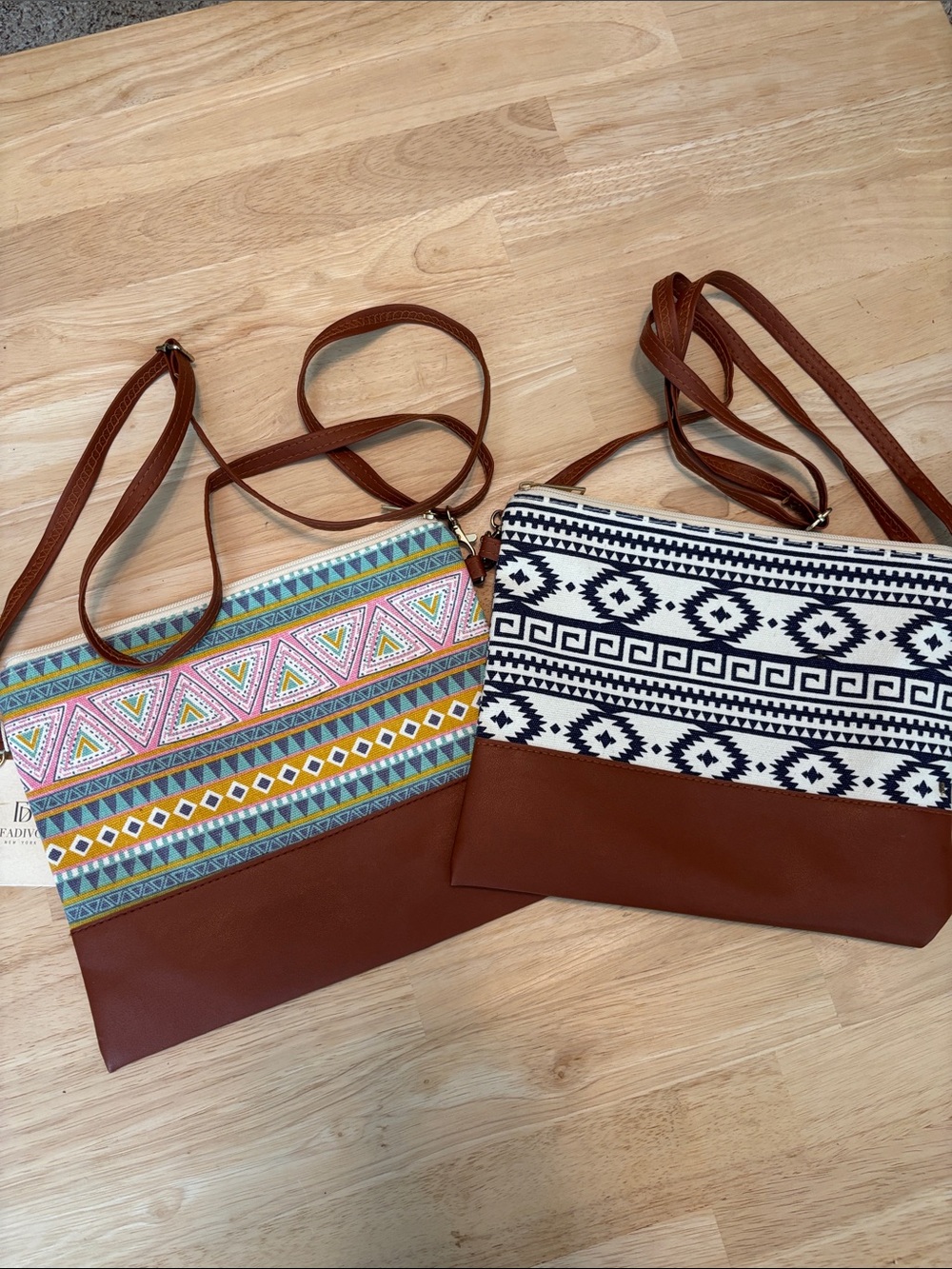 2 Stylish Brown Faux Leather Crossbody with Multicolor Aztec Print